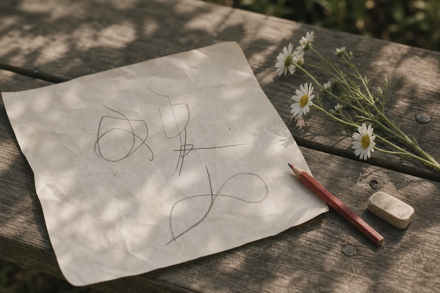 木漏れ日の下、子どもの最初の文字が残る紙と赤い鉛筆、白い花が置かれている