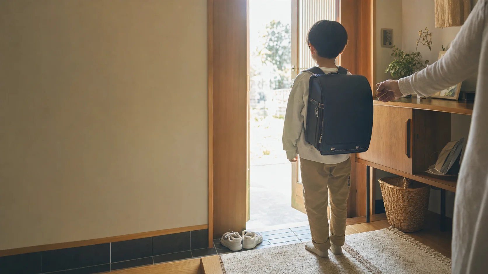新しいランドセルを背負い、明るい玄関の外を見ている子どもの後ろ姿