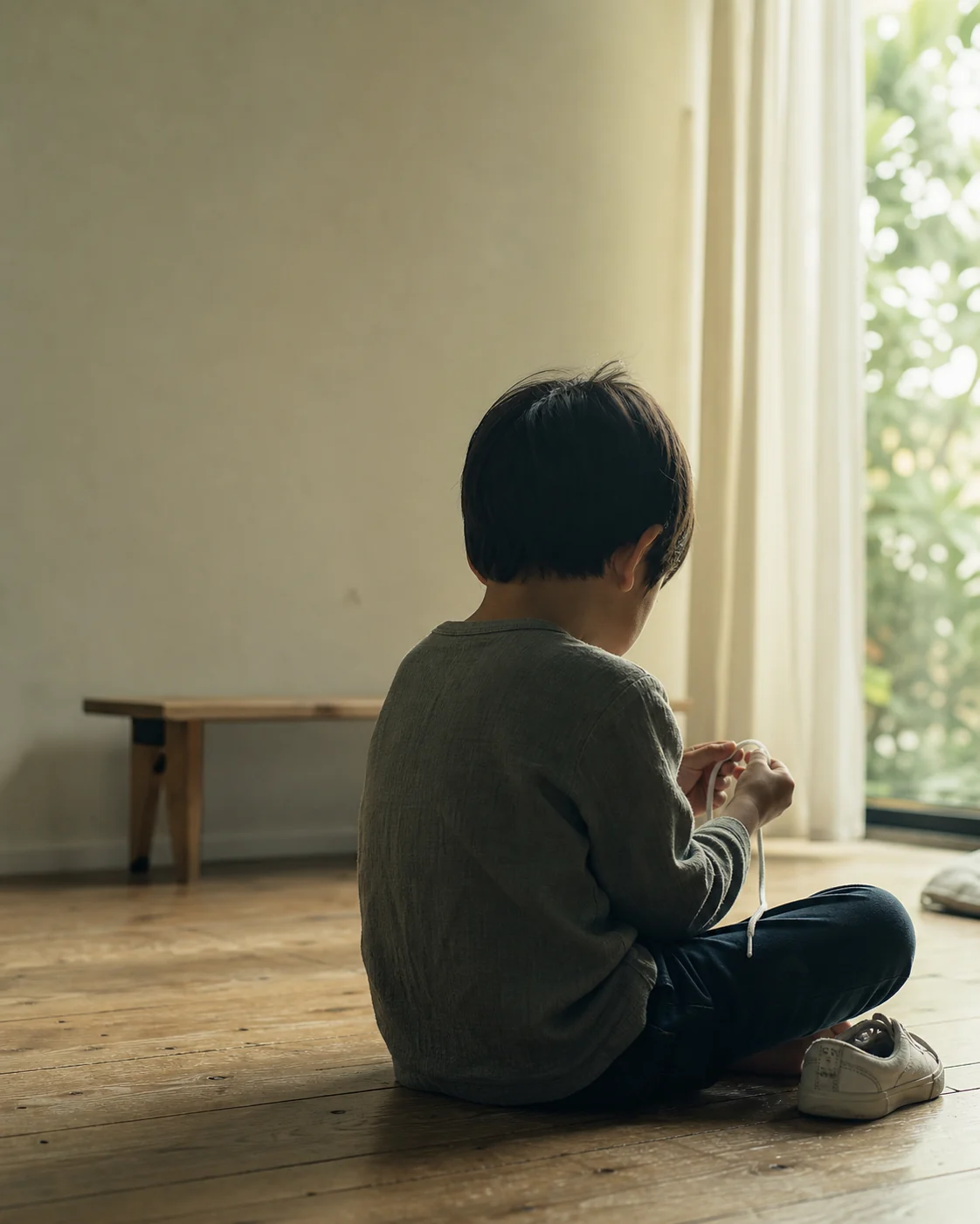 窓辺で白い靴紐を結ぶ、六歳の子どもの後ろ姿